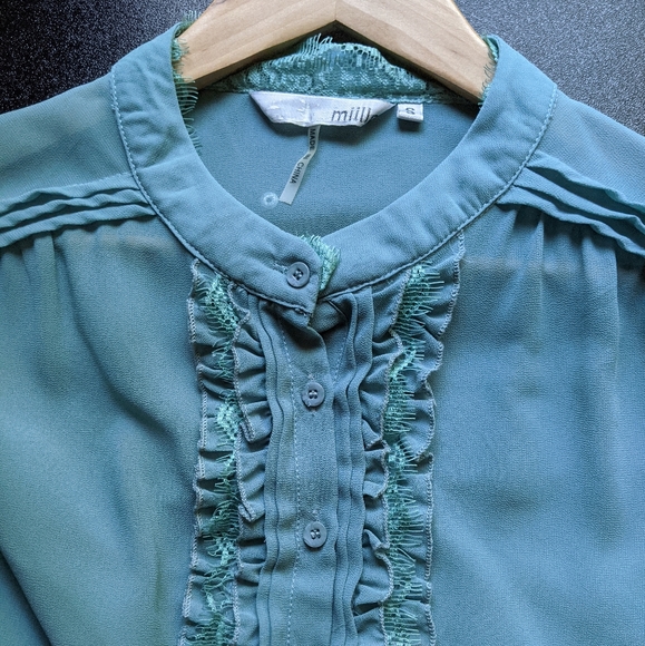 Miilla Lace Trim Button Down Blouse Top Blue S - Picture 3 of 6